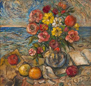DAVID BURLIUK Still Life with Flowers, Fruit and Book by the Sea.